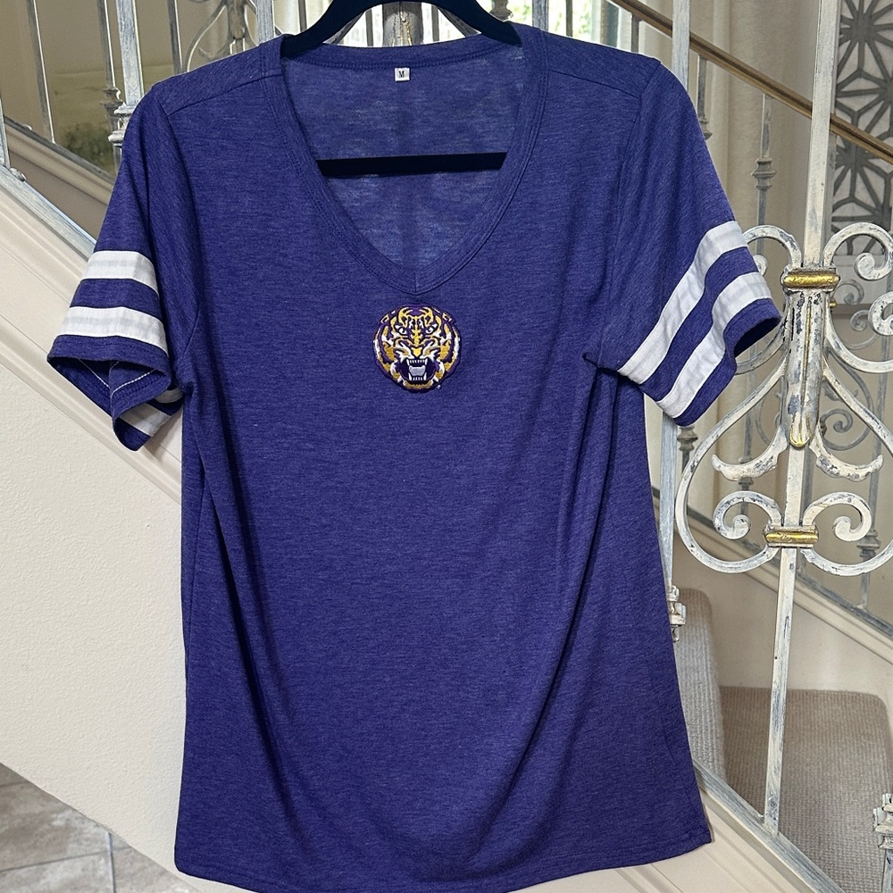 Purple V-Neck Women's Top with White Stripes